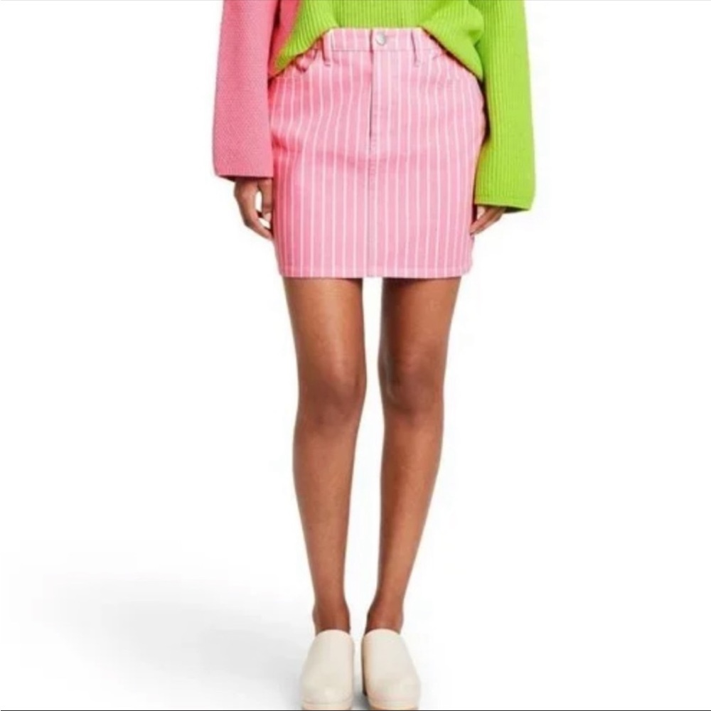 Denim Mini Skirt High Rise Jean Skirt Pink White Stripes NEW